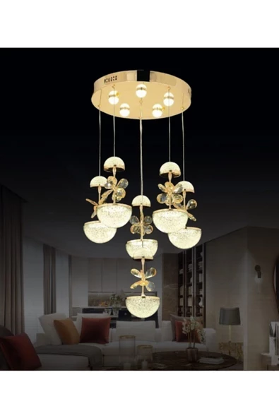 burenze Gold Sarı Luxury Modern Sarkıt Kelebek Taşlı Altılı Led Avize ürün görseli 1