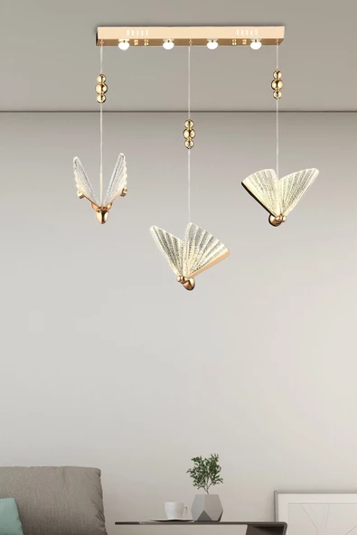 burenze Elegance Modern Kelebek Tasarım Üçlü Sarkıt Led Avize Sıralı Yemek Masası Rose Gold Sarı ürün görseli 1