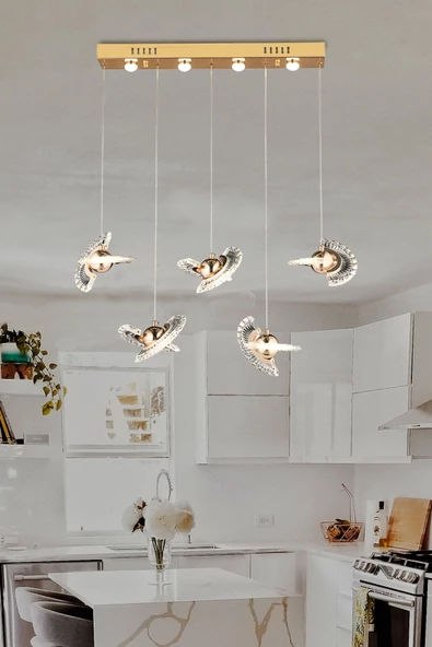 burenze Luxury Modern Crystal Sarkıt Led Avize Beşli Sıralı Yemek Masası Gold Sarı ürün görseli 1