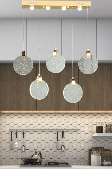 burenze Modern Sarkıt Power Led Avize Beşli Sıralı Camlı Gold Sarı ürün görseli 1
