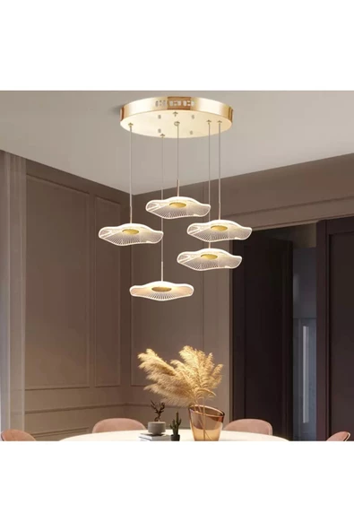 Fico Home Luxury Exclusive Beşli Yuvarlak Sarkıt Led Avize Jellyfish Gold Sarı Ledli Avize ürün görseli 1