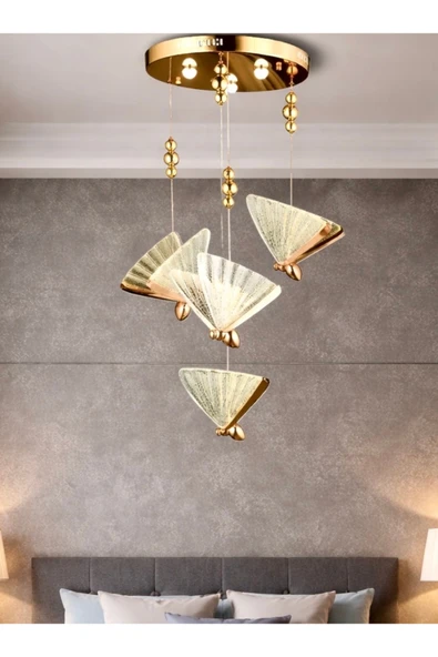 burenze Elegance Modern Kelebek Tasarım Dörtlü Sarkıt Led Avize Rose Gold Sarı Harika Görsel ürün görseli 1