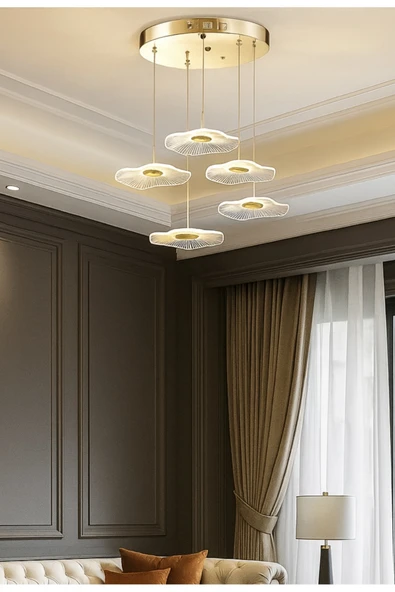 burenze Luxury Exclusive Beşli Yuvarlak Sarkıt Led Avize Jellyfish Gold Sarı Ledli Avize ürün görseli 1
