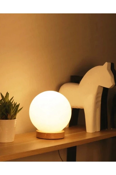 burenze Moon Masa Lambası Doğal Ahşap Detaylı E-27 Duy Beyaz Glop Camlı Fişli Elektrik Ile Çalışır ürün görseli 1