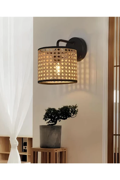 burenze Modern Rattan Hasır Hazeran Aplik Kablolu Elektrikle Çalışır Duvar Apliği ürün görseli 1