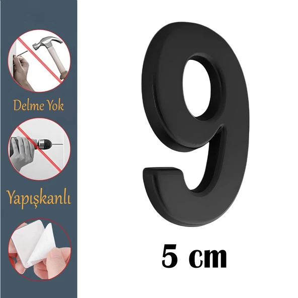 Kapı Numarası Yapışkanlı Küçük Boy 50 mm 5 cm Numara 9 Rakam Dokuz Sayı Siyah Renk Numaralar 1 Adet ürün görseli 1