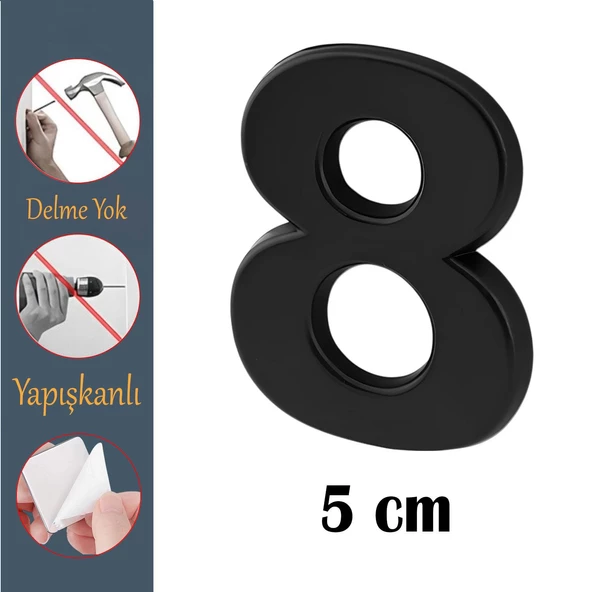 Kapı Numarası Yapışkanlı Küçük Boy 50 mm 5 cm Numara 8 Rakam Sekiz Sayı Siyah Renk Numaralar 1 Adet ürün görseli 1