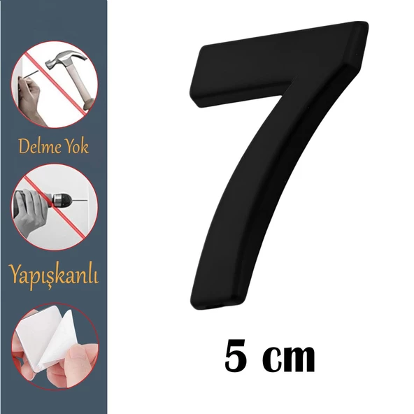 Kapı Numarası Yapışkanlı Küçük Boy 50 mm 5 cm Numara 7 Rakam Yedi Sayı Siyah Renk Numaralar 1 Adet ürün görseli 1