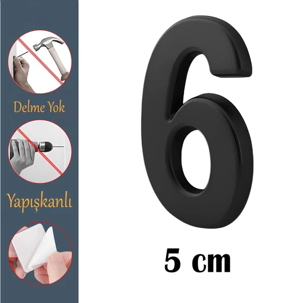 Kapı Numarası Yapışkanlı Küçük Boy 50 mm 5 cm Numara 6 Rakam Altı Sayı Siyah Renk Numaralar 1 Adet ürün görseli 1