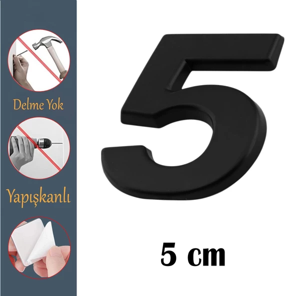 Kapı Numarası Yapışkanlı Küçük Boy 50 mm 5 cm Numara 5 Rakam Beş Sayısı Siyah Renk Numaralar 1 Adet ürün görseli 1