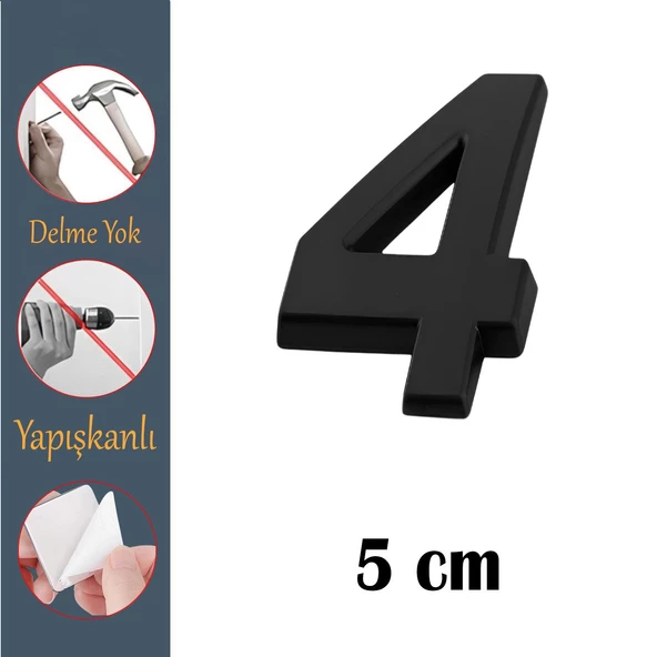 Kapı Numarası Yapışkanlı Küçük Boy 50 mm 5 cm Numara 4 Rakam Dört Sayı Siyah Renk Numaralar 1 Adet ürün görseli 1