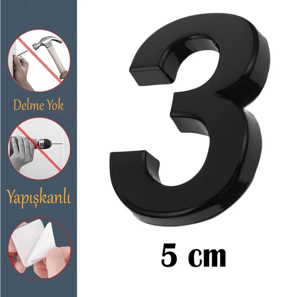 Kapı Numarası Yapışkanlı Küçük Boy 50 mm 5 cm Numara 3 Rakam Üç Sayısı Siyah Renk Numaralar 1 Adet ürün görseli 1