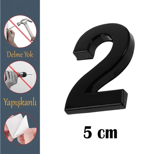 Kapı Numarası Yapışkanlı Küçük Boy 50 mm 5 cm Numara 2 Rakam İki Sayısı Siyah Renk Numaralar 1 Adet ürün görseli 1