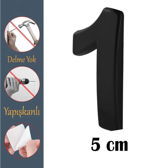 Kapı Numarası Yapışkanlı Küçük Boy 50 mm 5 cm Numara 1 Rakam Bir Sayısı Siyah Renk Numaralar 1 Adet ürün görseli 1