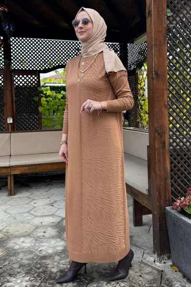 Zebra Desen Triko Elbise Camel - Resim 3