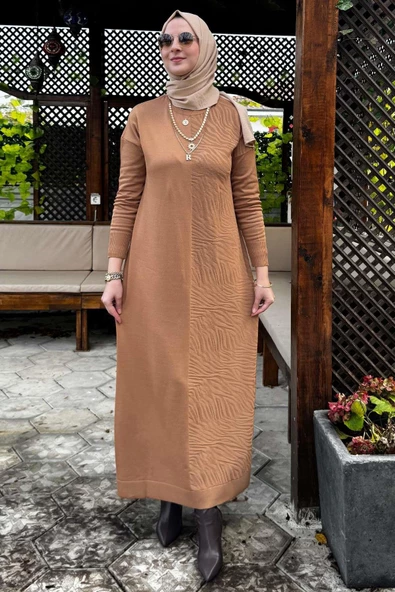 Zebra Desen Triko Elbise Camel - Resim 7