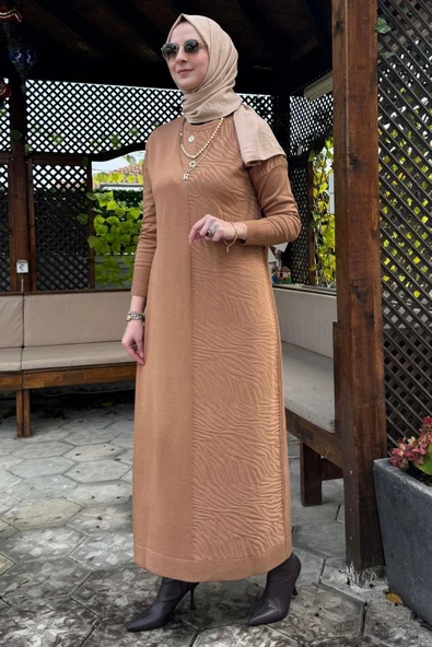 Zebra Desen Triko Elbise Camel - Resim 5