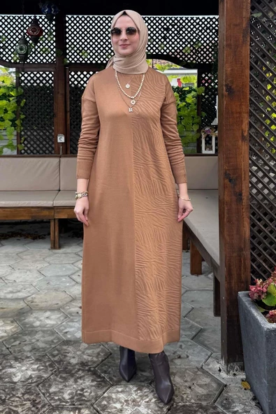 Zebra Desen Triko Elbise Camel - Resim 6