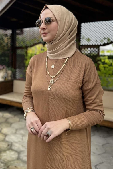 Zebra Desen Triko Elbise Camel - Resim 2