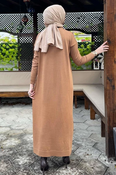 Zebra Desen Triko Elbise Camel - Resim 10