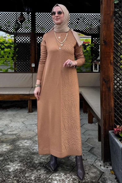 Zebra Desen Triko Elbise Camel ürün görseli 1