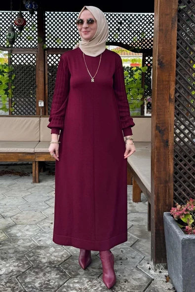 Ecem Bordo Triko Elbise - Resim 5