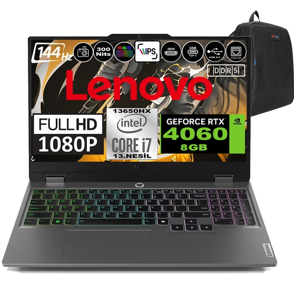 Lenovo Loq 15IRX9 Intel Core I7 13650HX Ddr5 64GB 2tb SSD RTX4060-8GB 300NITS 15.6" 144Hz Fhd Windows 11 Home Taşınabilir Bilgisayar 83DV00G3TRH11 + Zetta Çanta ürün görseli 1
