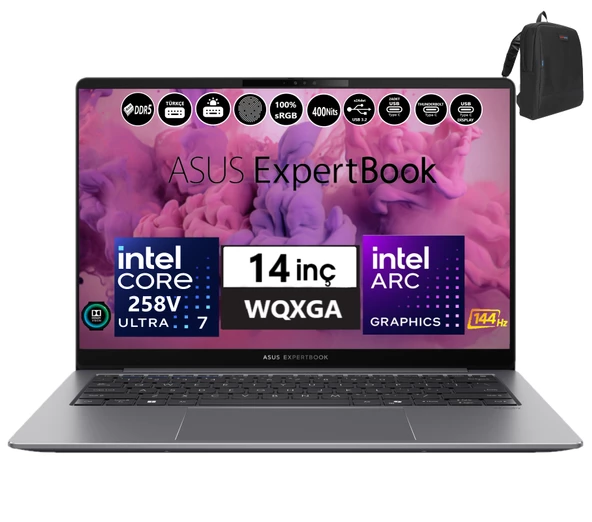 Asus Expertbook P5405CSA-WI7321TBS0D Intel Ultra 7 258V Aı 32GB 256GB SSD Arc 140V WINDOWS11HOME 14" Wqxga 400NIT IPS Taşınabilir Bilgisayar WI7321TBS0D04+ZETTAÇANTA ürün görseli 1