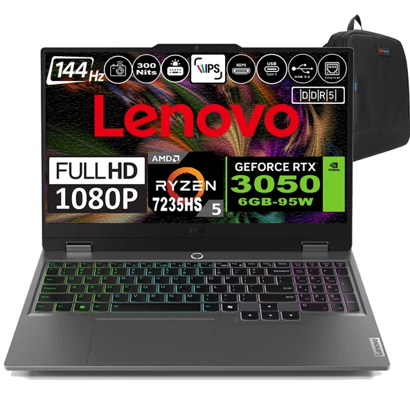 Lenovo Loq 15ARP9 Amd Ryzen 5 7235HS Ddr5 16GB 2tb SSD RTX3050-6GB 300NITS 15.6" 144Hz Fhd Windows 11 Home Taşınabilir Bilgisayar 83JC000PTRH03 + Zetta Çanta ürün görseli 1