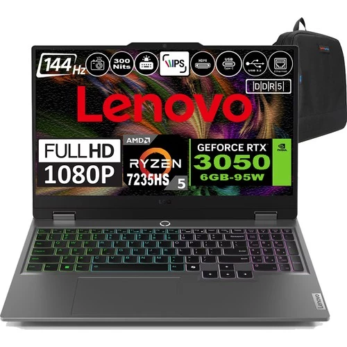 Lenovo Loq 15ARP9 Amd Ryzen 5 7235HS Ddr5 32GB 4tb SSD RTX3050-6GB 300NITS 15.6" 144Hz Fhd Windows 11 Home Taşınabilir Bilgisayar 83JC000PTRH08 + Zetta Çanta ürün görseli 1