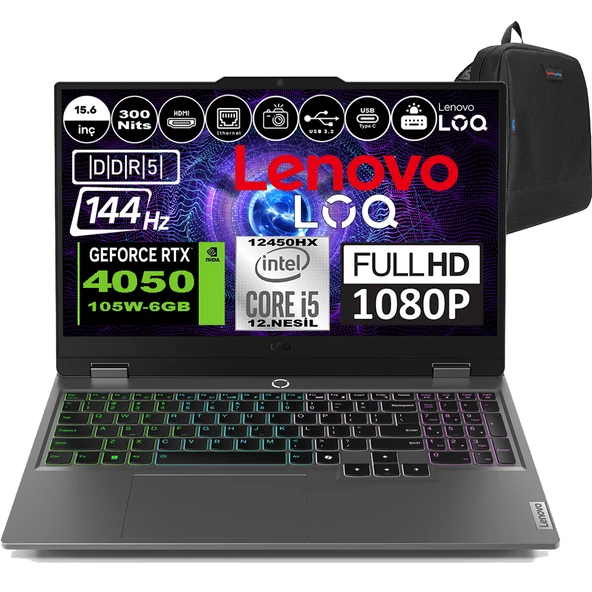 Lenovo Loq Intel Core I5 12450HX 64GB 2tb SSD RTX4050 6gb 105W Windows 11 Pro 144HZ 300NİTS 15.6" Fhd Taşınabilir Bilgisayar 83GS009ATRP15+ Zetta Çanta ürün görseli 1