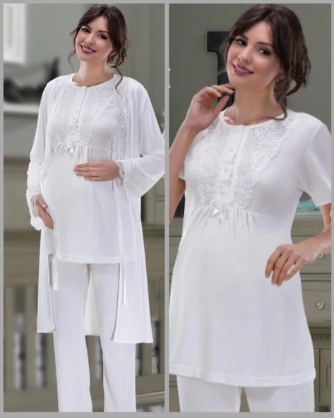 NEHİR 2036 Hamile Lohusa 3Lü Pijama Sabahlık Takım ürün görseli 1
