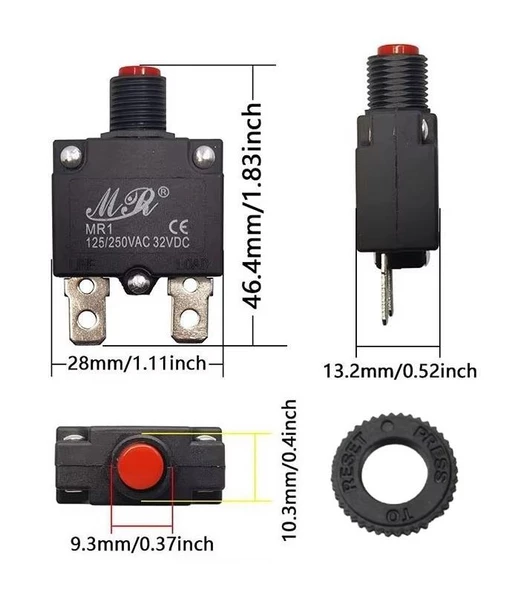 Resetli Termik Sigorta 9 Amper 125/250v Ac 32v Dc IC-271S (MR-1) ürün görseli 1