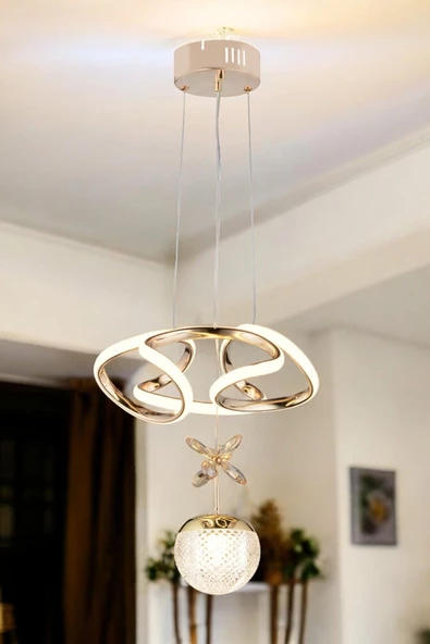 EY-EL TASARIM Tek Toplu Çiçek Modern Sarkıt Led Avize Taşlı Gold Kaplamalı ürün görseli 1