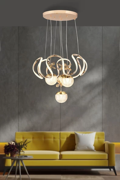 EY-EL TASARIM Maxı Toplu Taşlı Modern Sarkıt Led Avize 3 Renk Gold Kaplamalı ürün görseli 1