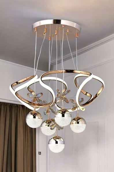 EY-EL TASARIM Galaksi Modern Sarkıt Led Avize 3 Renk Sarı Gold Kaplmalı Toplu Kelebek Taşlı ürün görseli 1