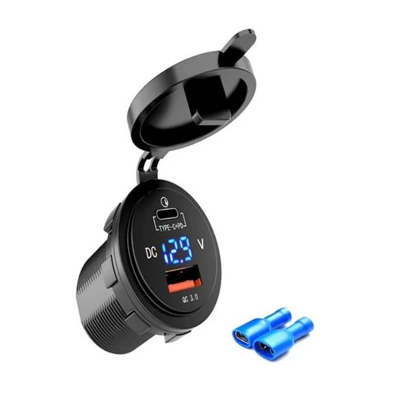 USB ŞARJ SOKET TYPE C-QC3.0 (12-24V) YUVARLAK VOLTMETRE'Lİ MAVİ ürün görseli 1