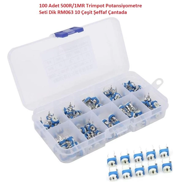 100 Adet 500R/1MR Trimpot Potansiyometre Seti Dik RM065 10 Çeşit Şeffaf Çantada ürün görseli 1