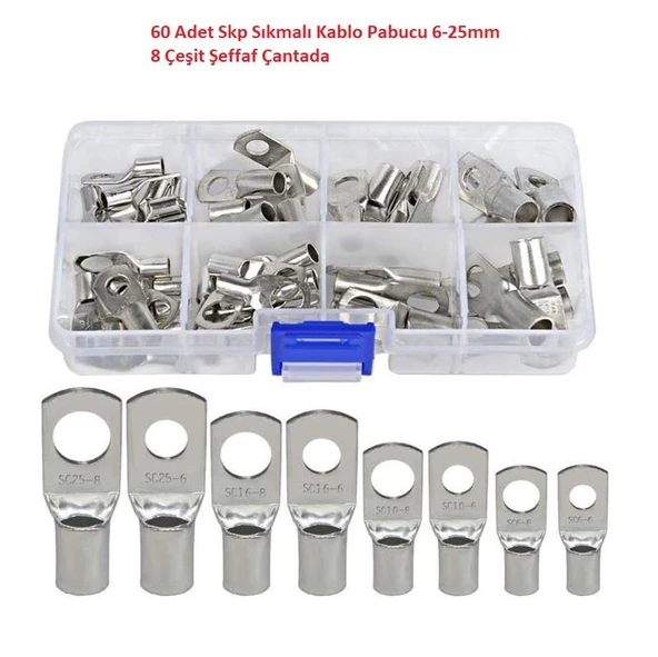 60 Adet Skp Sıkmalı Kablo Pabucu 6-25mm 8 Çeşit Şeffaf Çantada ürün görseli 1