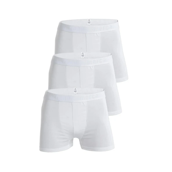 Mercan 3'lü Beyaz Pamuklu Likralı Premium Esnek Kumaş Erkek Boxer ürün görseli 1