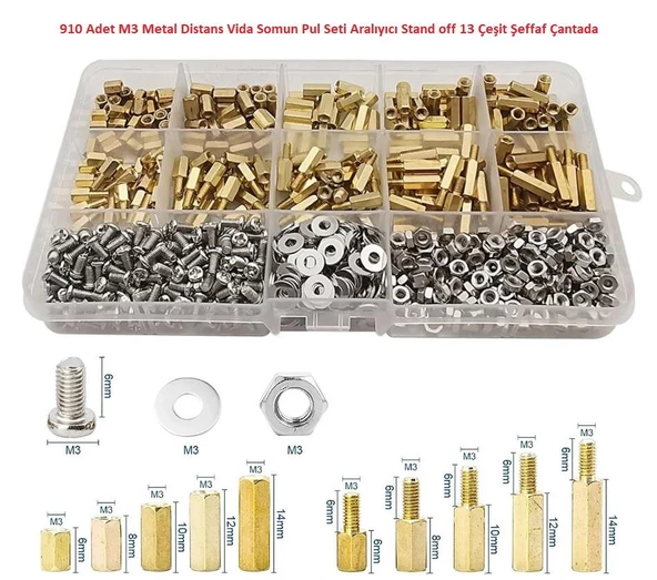 910 Adet M3 Metal Distans Vida Somun Pul Seti Aralıyıcı Stand off 13 Çeşit Şeffaf Çantada ürün görseli 1
