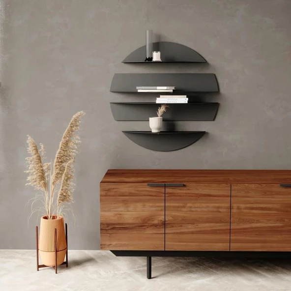 Yuvarlak Bölmeli 4 Parça Metal Mat Siyah Duvar Rafı Modern Dekoratif Metal Duvar Rafı, Daire 4'lü Siyah Dekoratif Antre Salon Oturma Odası Raf ürün görseli 1