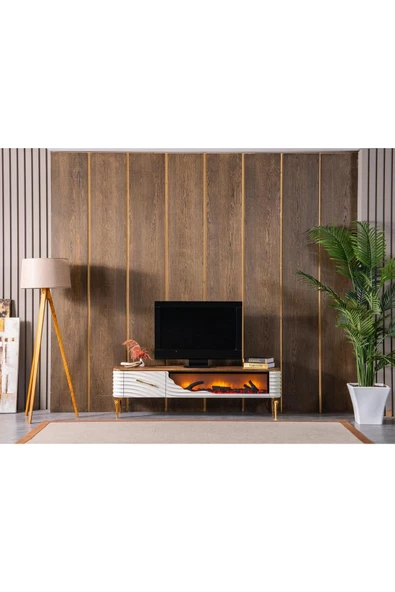 Holm Ev Design Mdf Şömineli Beyaz-ceviz Tv Ünitesi Tv Sehpası ürün görseli 1