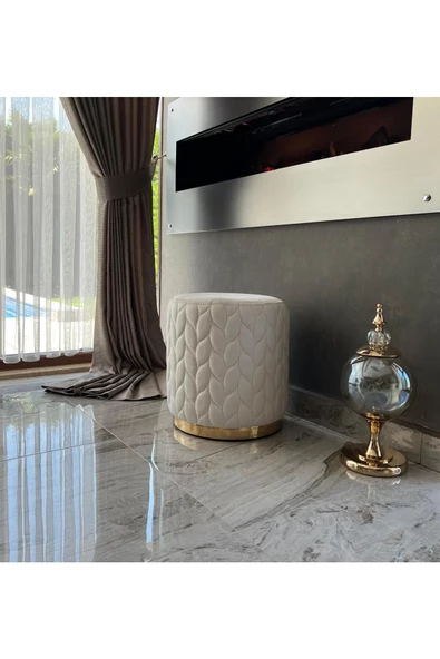 Holm Ev Design Lüks Modern Baby Face Kumaşlı Gold Detaylı Yuvarlak Silinebilir Yaprak Puf ürün görseli 1