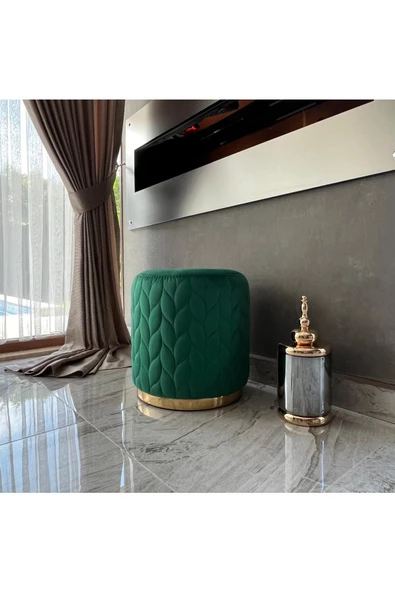 Holm Ev Design Lüks Modern Baby Face Kumaşlı Gold Detaylı Yuvarlak Silinebilir Kumaşlı Puf ürün görseli 1
