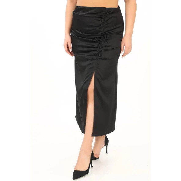 Büyük Beden Saten Drape Yırtmaçlı Midi Siyah Etek ürün görseli 1
