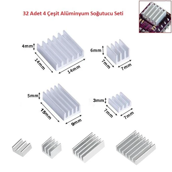 32 Adet 4 Çeşit Alüminyum Soğutucu Seti Poşette (Raspberry Pi 4B Uyumlu) ürün görseli 1