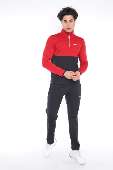 Erkek Siyah-kırmızı Dalgıç Kumaş Yarım Fermuarlı Slim Fit Eşofman Takımı ürün görseli 1