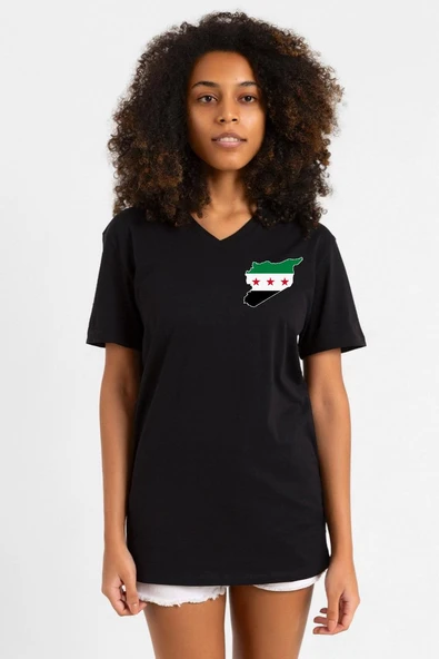 Suriye Yeni Bayrak Logo Siyah Kadın V yaka Tshirt ürün görseli 1