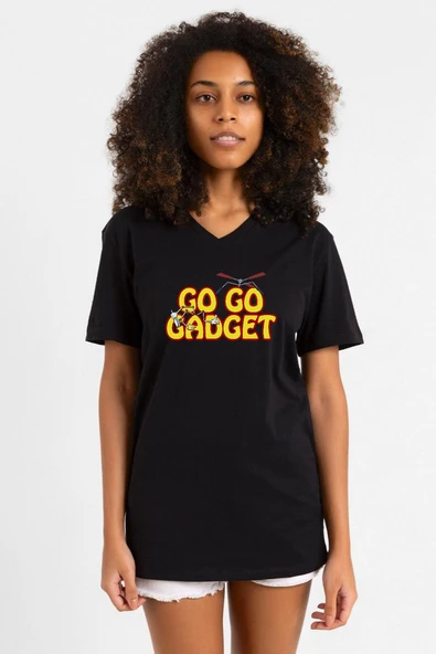 Inspector Gadget Go Go Gadget Siyah Kadın V yaka Tshirt ürün görseli 1
